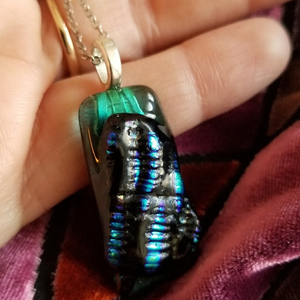 Relisted- Dichroic Glass necklace black blue green silver - Picture 4 of 8